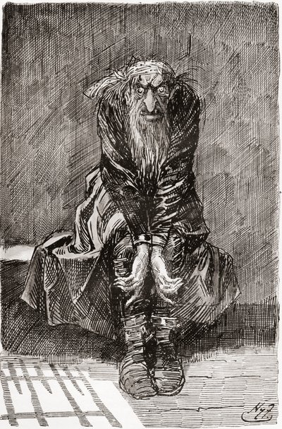 Fagin en la celda de los condenados. "Se sentó en un banco de piedra frente a la puerta, que le servía de asiento y somier, y echando sus ojos inyectados en sangre sobre la parrilla, trató de ordenar sus pensamientos. " Ilustración de Harry Furniss para la de Harry Furniss