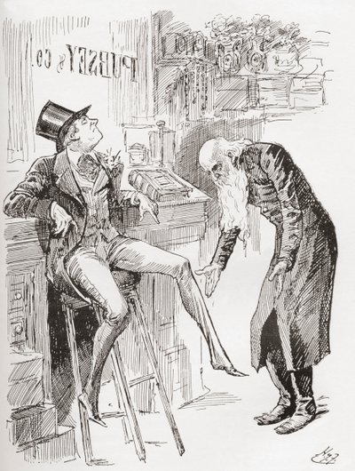 Fledgeby y el señor Riah en la Casa de Contabilidad. "Sentado en el taburete, con el sombrero ladeado sobre la cabeza y una de las piernas colgando, la juventud de Fledgeby apenas contrastaba ventajosamente con la edad del judío, con la cabeza descubierta  de Harry Furniss