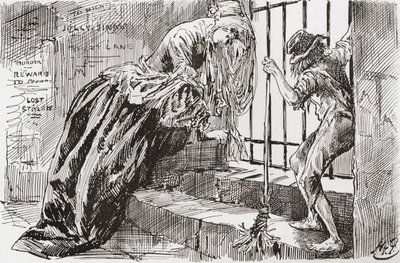 Lady Dedlock y Jo. "Lo pusieron allí", dice Jo, agarrándose a los barrotes y mirando hacia dentro, mientras Lady Dedlock se encoge en un rincón. Ilustración de Harry Furniss para la novela de Charles Dickens Bleak House, de The Testimonial Edition, publica de Harry Furniss