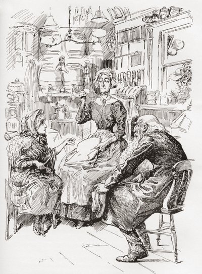 El Sr. Riah y la Srta. Wren en el Six Jolly Fellowship Porters. "Para un poco", interpuso la señorita Wren. "Le daré a la señora mi tarjeta". La sacó del bolsillo después de forcejear con la gigantesca llave de la puerta que la había retenido. La Srta. Abb de Harry Furniss