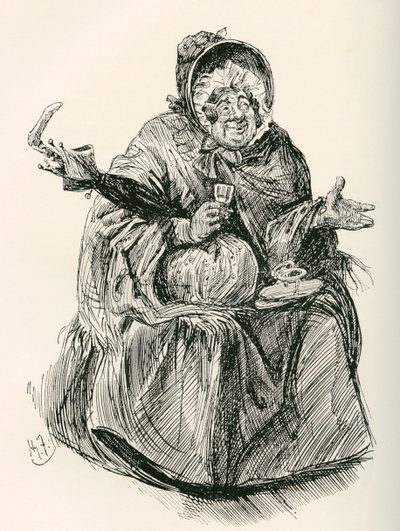 La Sra. Gamp. Ilustración de Harry Furniss para la novela de Charles Dickens Martin Chuzzlewit, de The Testimonial Edition, publicada en 1910. de Harry Furniss
