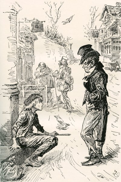 Oliver se enamora de The Artful Dodger. "Hola, mi covey, ¿qué pasa?" dijo este extraño joven a Oliver. "Estoy muy hambriento y cansado", respondió Oliver, con lágrimas en los ojos mientras hablaba. "He caminado mucho. He estado caminando de Harry Furniss