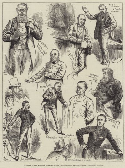 Bocetos en la Cámara de los Comunes durante los debates sobre el procedimiento de Harry Furniss