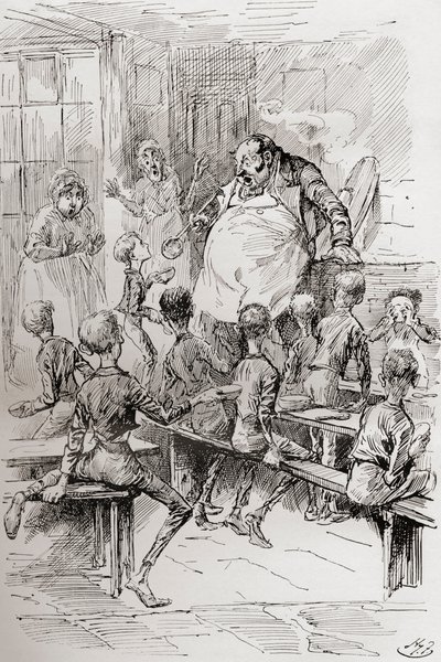 Hambre en el asilo. "Por favor, señor, quiero un poco más". "El Maestro contempló con estupefacto asombro al pequeño rebelde durante unos segundos, y se aferró al cobre para apoyarse. Los ayudantes estaban paralizados de asombro; los chicos, de miedo. Ilus de Harry Furniss