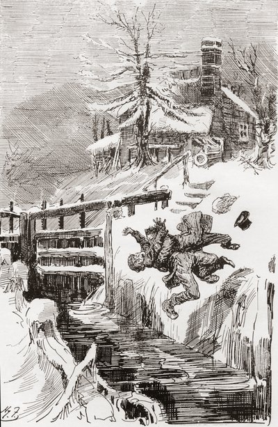 La lucha a muerte en la esclusa. " Aint I told you." "Te sostendré vivo, y te sostendré muerto", gritó Bradley, mientras Riderhood caía de espaldas sobre el foso liso, y Bradley Headstone sobre él." Ilustración de Harry Furniss para la novela de Charles Di de Harry Furniss