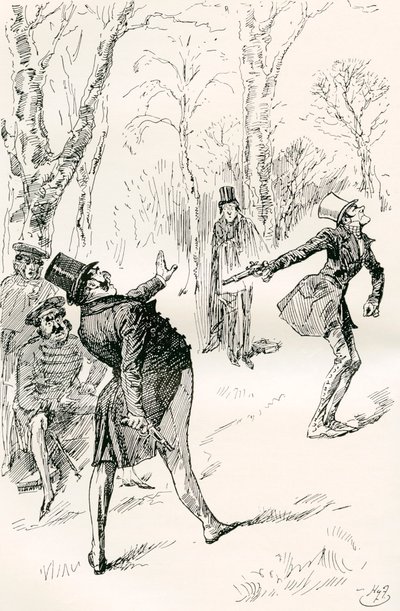 El duelo después del baile. " Los ojos del señor Winkle, que estaban cerrados, le impidieron observar el extraordinario e inexplicable comportamiento del doctor Slammer. Aquel caballero se quedó mirando, se frotó los ojos y, finalmente, gritó " ¡Alto, alto de Harry Furniss