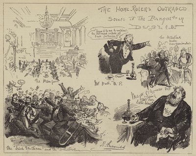 Los defensores del hogar ultrajados, escenas en el banquete en Dublín de Harry Furniss