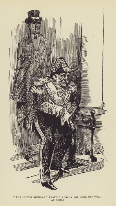 El Pequeño Almirante dejando Albany para alguna función en la corte de Harry Furniss