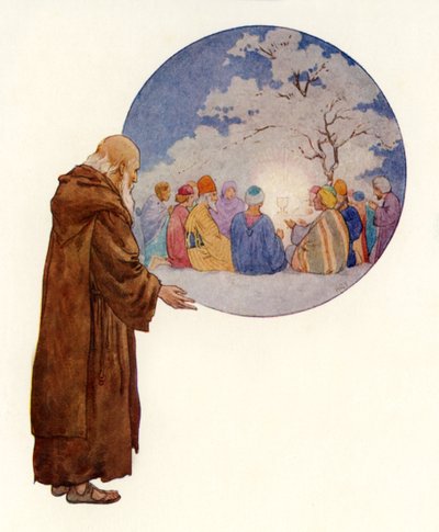 Un druida ve a José y sus compañeros en el primer banquete en Bretaña (litografía en color) de Harry George Theaker