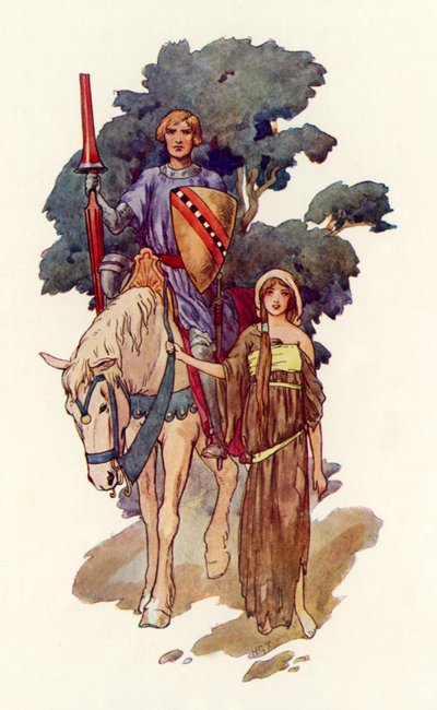Un caballero con una doncella harapienta a su lado (litografía en color) de Harry George Theaker