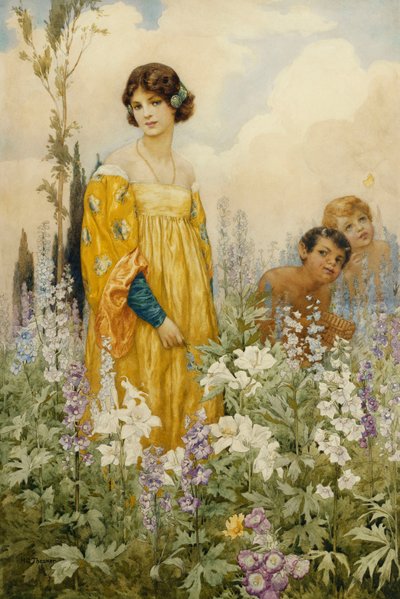 Una joven doncella con Pan y Cupido, en un jardín salvaje (lápiz y acuarela sobre papel) de Harry George Theaker