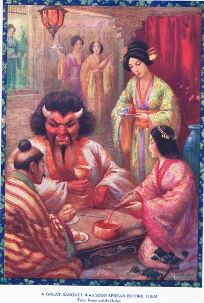 Pronto se ofreció ante ellos un gran banquete (de Raiko y el Demonio) (lito) de Harry George Theaker