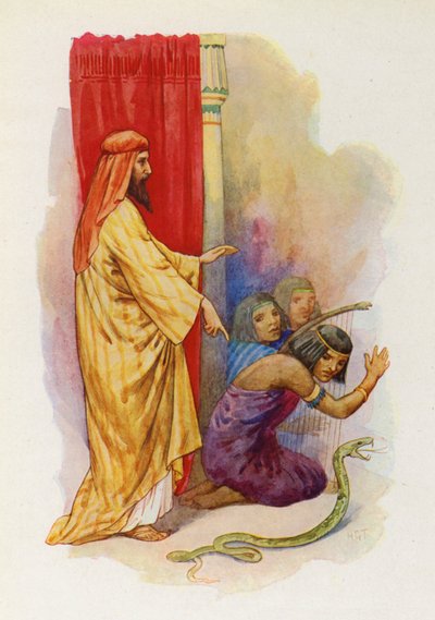 La vara de Aarón cayó al suelo en forma de serpiente viva (litografía en color) de Harry George Theaker