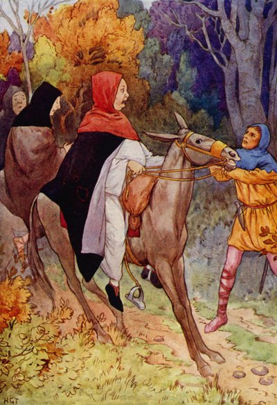 El abad Hugo apenas había hablado cuando le agarraron la rienda (litografía en color) de Harry George Theaker