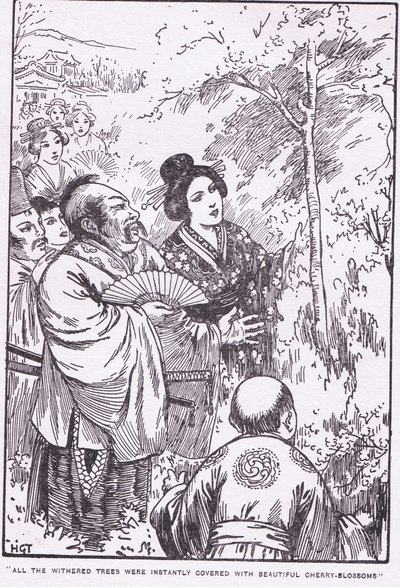 Todos los árboles marchitos se cubrieron al instante de hermosas flores de cerezo (El anciano que hizo florecer los árboles marchitos) (lito) de Harry George Theaker