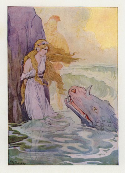 Andrómeda y el monstruo (litografía en color) de Harry George Theaker