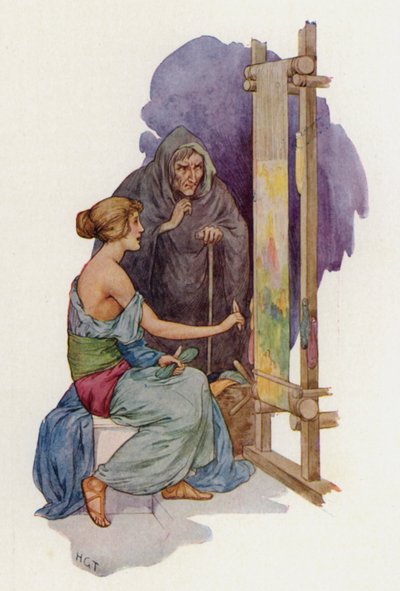 Aracne a punto de ser convertida en araña por una Minerva disfrazada (litografía en color) de Harry George Theaker