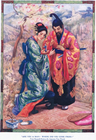 "¿Eres un hombre ¿De dónde vienes" (de Oyayubi-Kotaro, el Pulgarcito japonés) (litografía) de Harry George Theaker