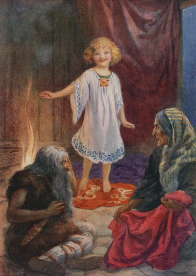 Aslaug, Aki y Grima, de "Ragnar Lodbrog" (litografía en color) de Harry George Theaker