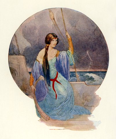 "Por fin, mientras un vivo relámpago envolvía todo el barco en llamas azules, la canción cesó de repente" (litografía en color). de Harry George Theaker