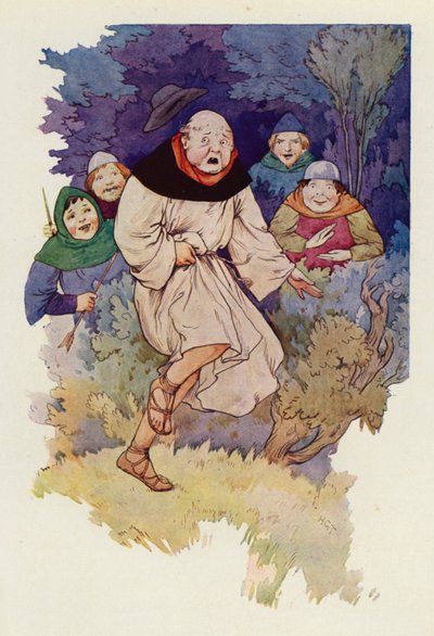 Al primer toque de la punta de flecha a través de su túnica, el Abad saltó en el aire con un chillido (litografía en color) de Harry George Theaker