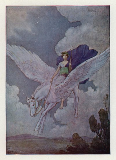 Belerofonte y su caballo de alas plateadas (litografía en color) de Harry George Theaker