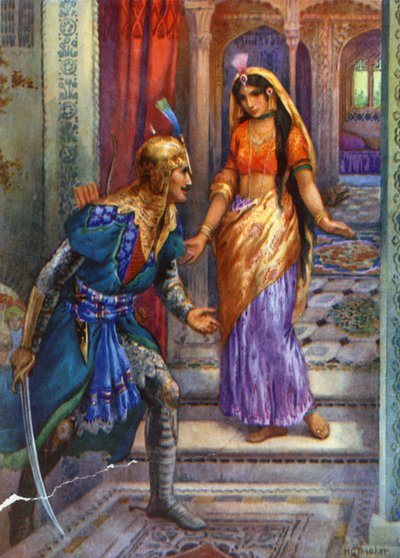 "Al ver a Rama se precipitó hacia delante" (litografía en color) de Harry George Theaker