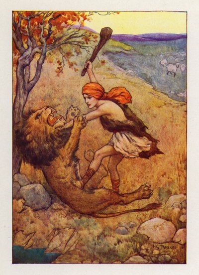David atrapó a la gran bestia y la mató (litografía en color) de Harry George Theaker