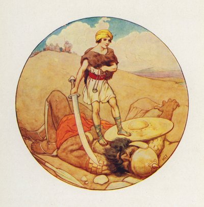 David cogió la propia espada del gigante y le cortó la cabeza a Goliat (litografía en color) de Harry George Theaker