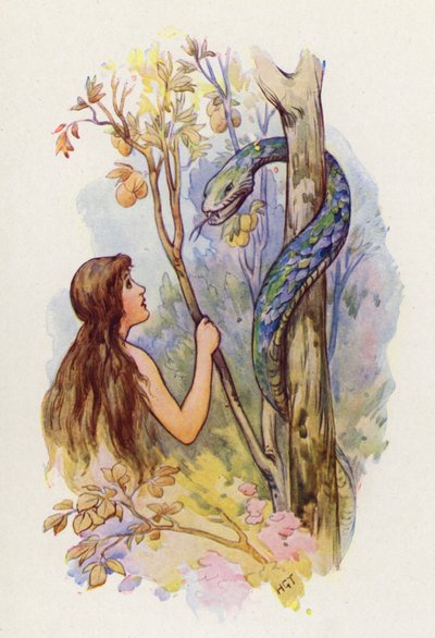 Eva miraba asombrada a la serpiente (litografía en color) de Harry George Theaker