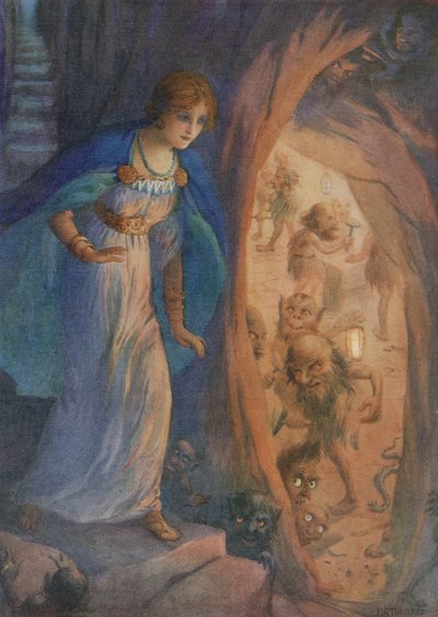 Freyja en la cueva de los enanos, de "El collar de Freyja" (litografía en color) de Harry George Theaker