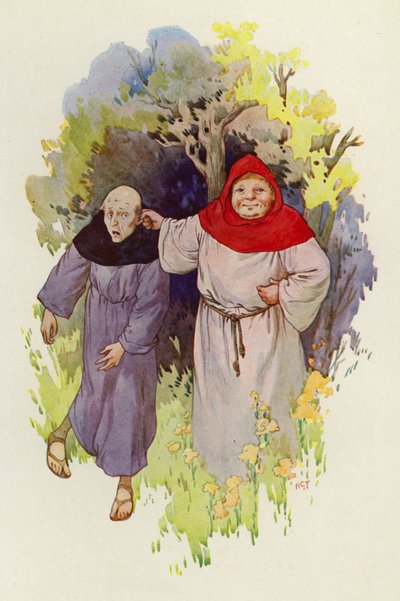 Fray Tuck lleva de la oreja a un monje flaco y miserable (litografía en color) de Harry George Theaker