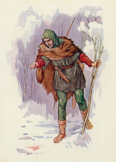 "¡Ja!" gritó Herbert el Guardabosques, "¡ha habido una matanza aquí!" (litografía en color) de Harry George Theaker