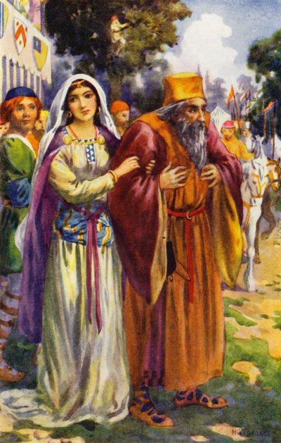"Contempló a Isaac el judío y a su hermosa hija Rebeca" (litografía en color) de Harry George Theaker