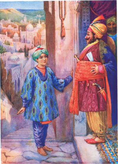Exigió una audiencia con el Gran Visir. Del niño que veía pasos, ilustración de "Cuentos infantiles de leyendas indias", c.1930 (litografía en color). de Harry George Theaker