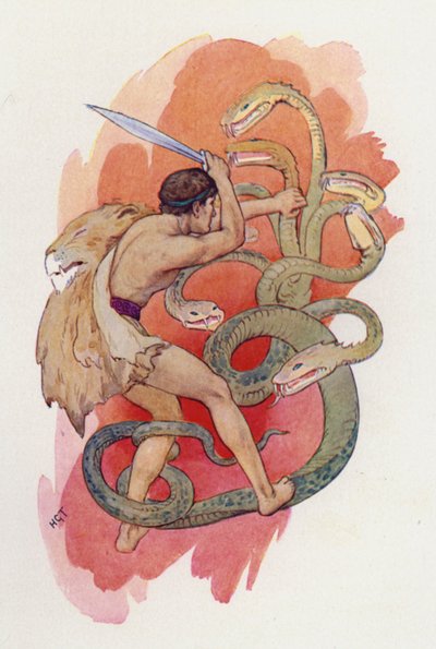 Hércules y la serpiente de siete cabezas (litografía en color) de Harry George Theaker