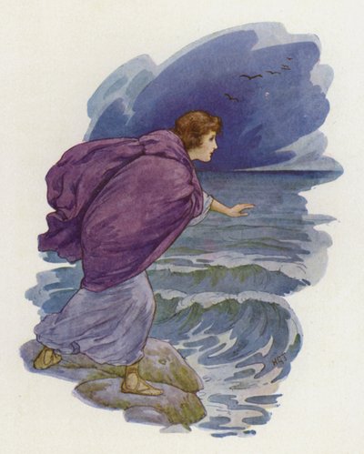 Hero corrió a la playa (litografía en color) de Harry George Theaker