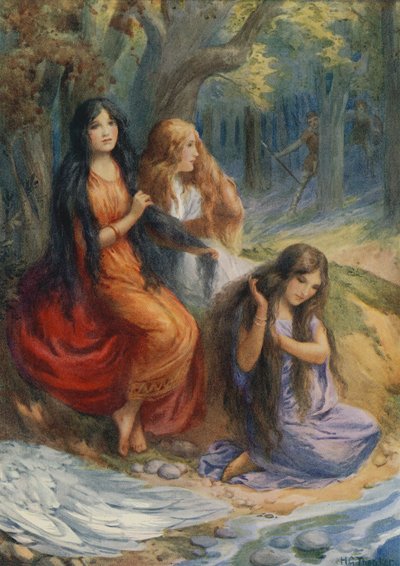 Hladgrun, Olrun y Alvit, de "Wayland the Smith" (litografía en color) de Harry George Theaker