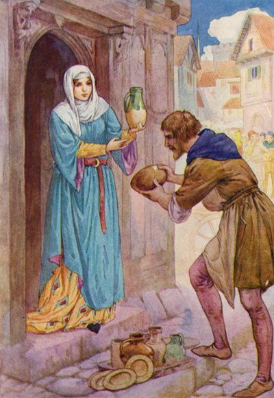 "Traigo estas pobres vasijas como regalo para Mistress de Rainault", dijo Robin a la sirvienta (litografía en color). de Harry George Theaker