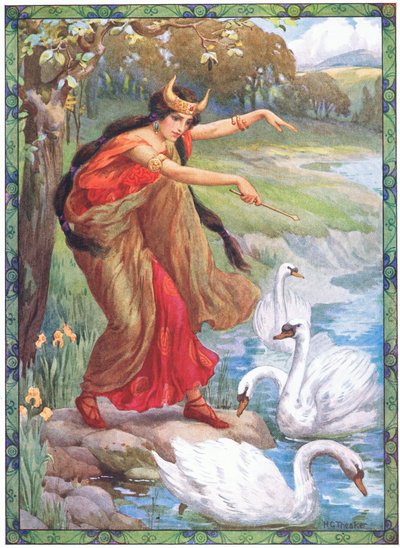 "En lugar de los cuatro niños, ¿qué vio" (de Los hijos de Lir) (litografía en color) de Harry George Theaker