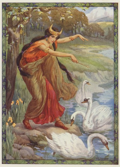 "En lugar de los cuatro niños, ¿qué contempló", Los niños de Lir (litografía en color) de Harry George Theaker
