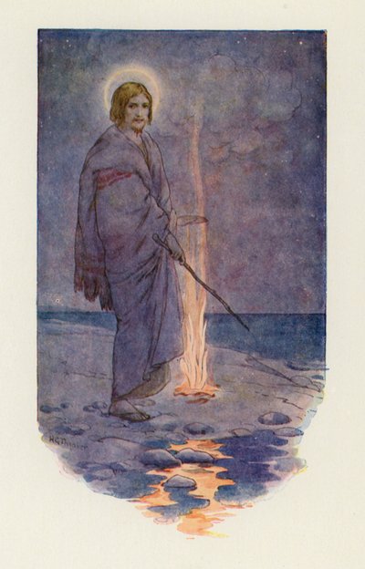 Jesús en la orilla (litografía en color) de Harry George Theaker