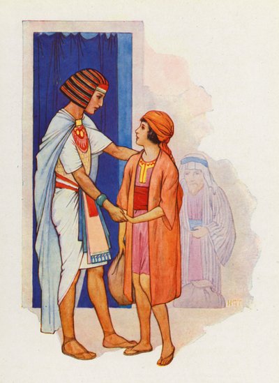 Judá trajo a Benjamín y se lo presentó a José (litografía en color) de Harry George Theaker