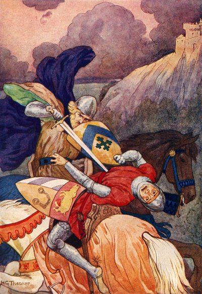 El Rey Arturo apuñalando a su enemigo en el pecho (litografía en color) de Harry George Theaker