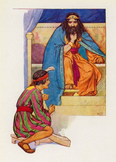 El rey Saúl le decía a David que tocara el arpa (litografía en color) de Harry George Theaker