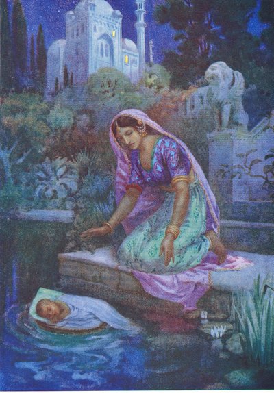 Kunti no se atrevió a desobedecer. De los hermanos aventureros, ilustración de "Cuentos infantiles de leyendas indias", años 30 (litografía en color). de Harry George Theaker