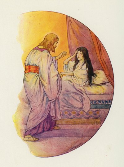 "Niña", dijo, "¡Levántate!" (litografía en color) de Harry George Theaker