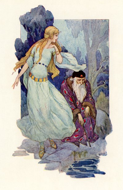 Merlín hechizado mientras el hada cantaba (litografía en color) de Harry George Theaker