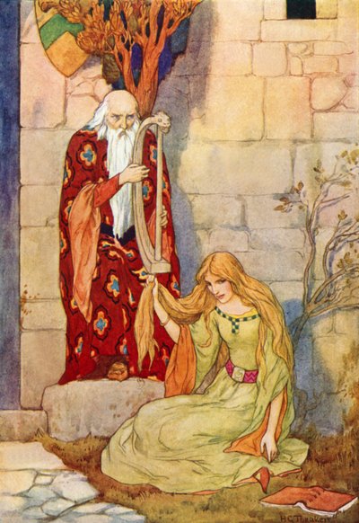 Merlín tocando el arpa con el hada Nimue (litografía en color) de Harry George Theaker