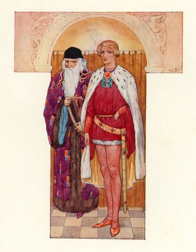 Merlín con Galahad a su lado (litografía en color) de Harry George Theaker